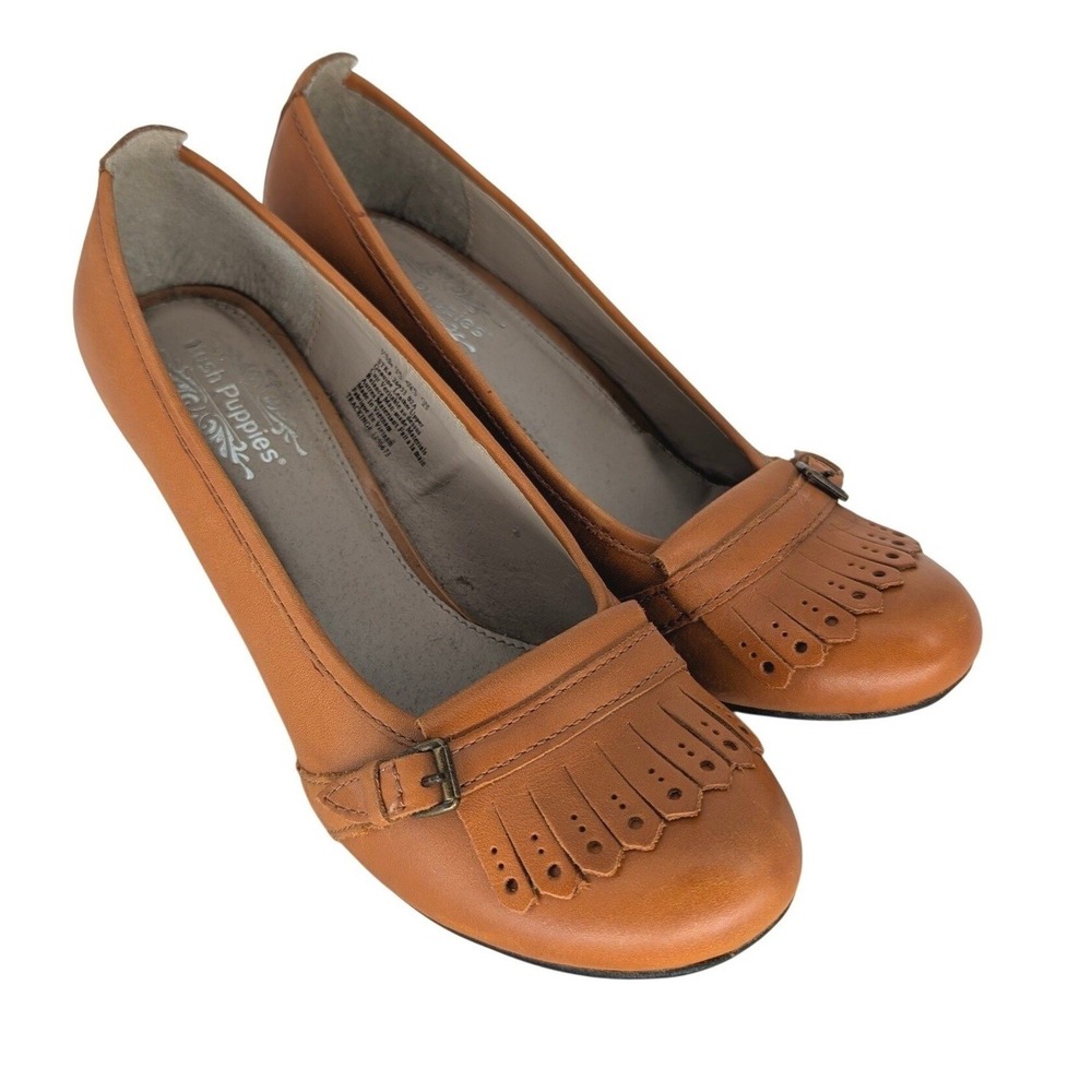 Hush Puppies Kiltie Block Heel Pump 7.5 Tan Leather Fringe Twee Preppy Mod Retro